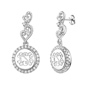 Engraved Lace Circle Monogram Silver Earrings