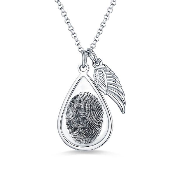 Personalized Teardrop Fingerprint Necklace With Angel Wing
