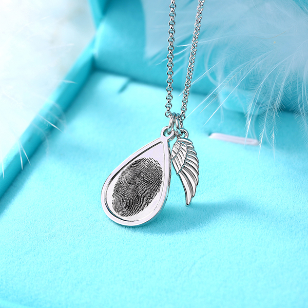 Personalized Teardrop Fingerprint Necklace With Angel Wing