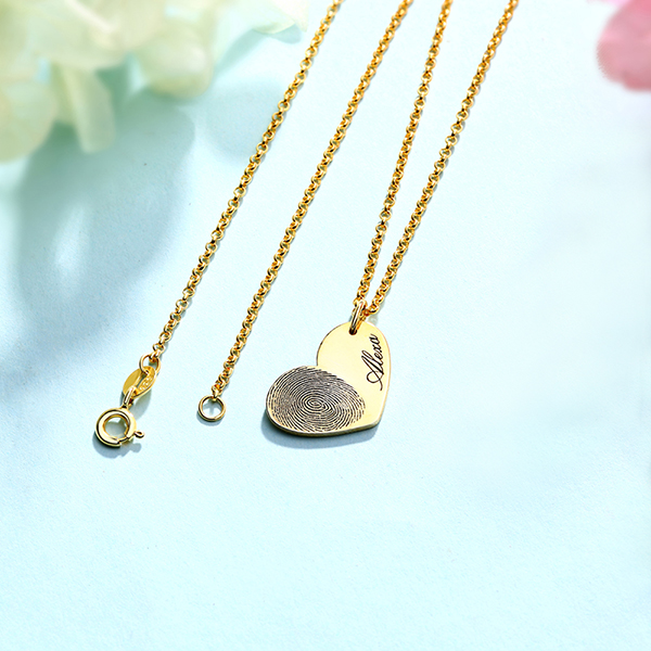 Personalized Fingerprint Heart Necklace With Name In Gold