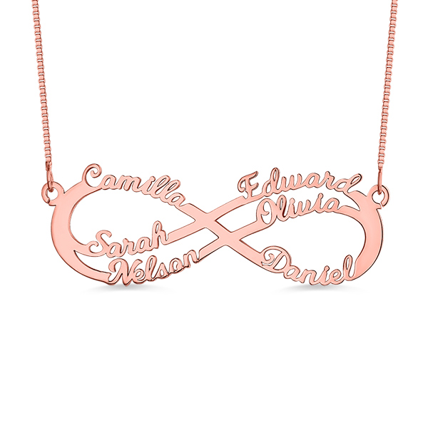 Fio com símbolo do infinito com 6 nomes personalizado em ouro rosa