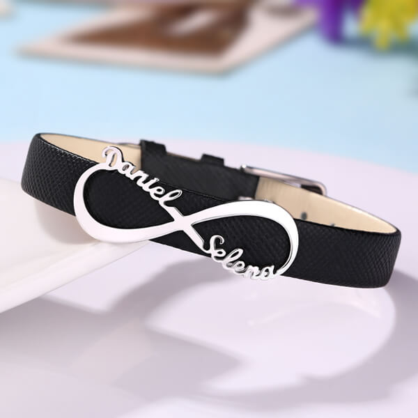 Personalized Double Name Infinity Leather Bracelet