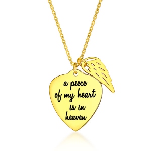 Personalized Memorial Heart Necklace with Angel wing Sterling Silver in Gold