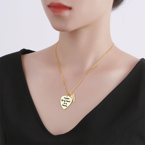 Personalized Memorial Heart Necklace with Angel wing Sterling Silver in Gold