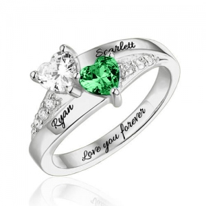 Personalised Double Heart Birthstone Promise Ring Sterling Silver