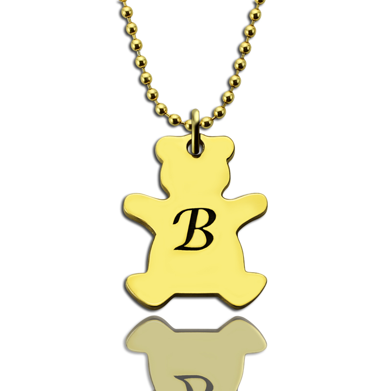 Cute Teddy Bear Initial Charm Necklace 18k Gold Plated