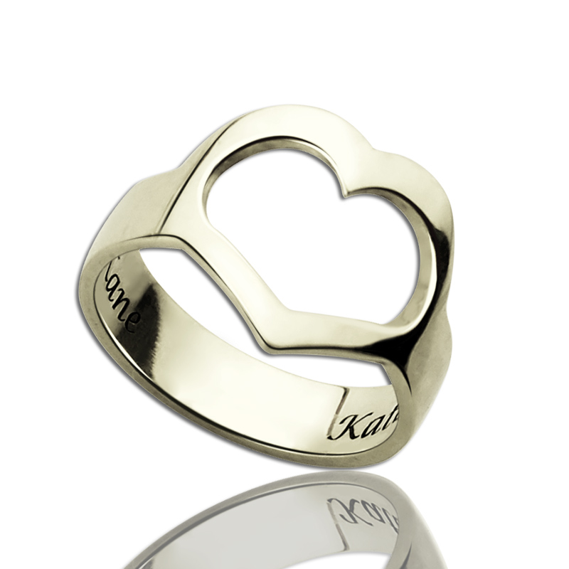 Anel de coração de compromisso com nome do casal personalizado em prata