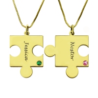 Matching Puzzle Necklace for Couple With Name & Birthstone Gold Plate