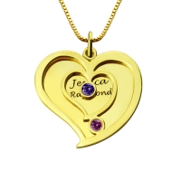 His & Her Birthstone Heart Name Necklace 18k Gold Plated