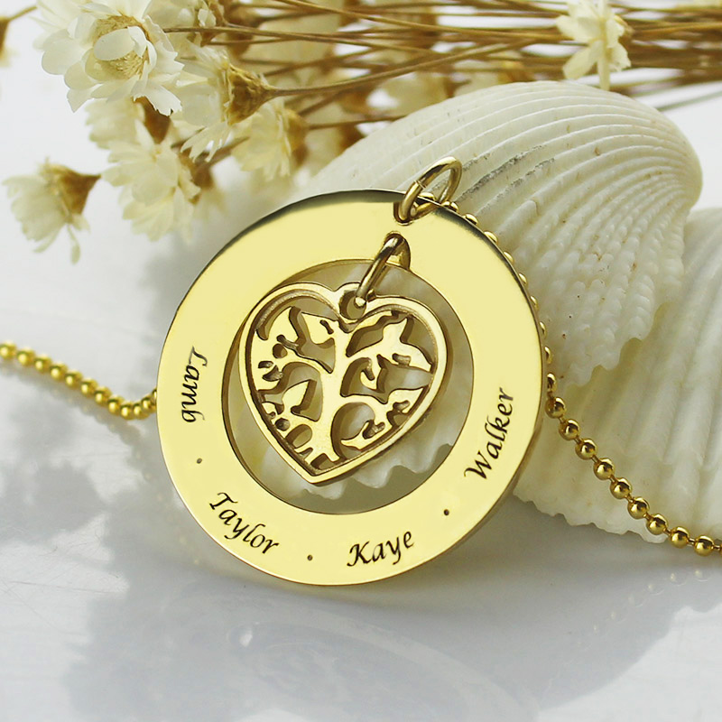 Colar com pingente com nome em árvore da família em círculo em ouro