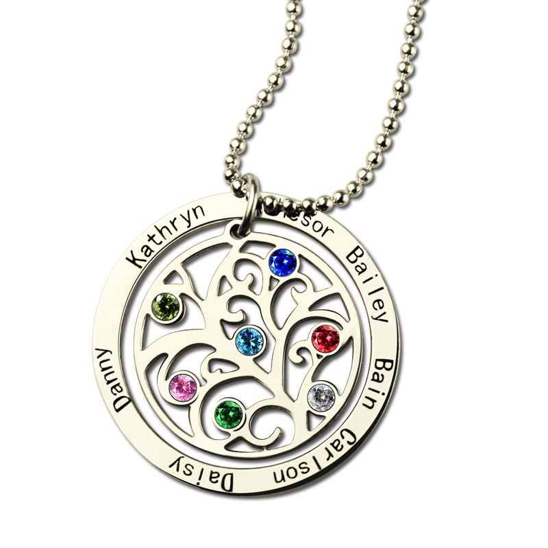 Sterling Silver Custom Personalized Family Tree Charm Pendant Necklace Choice of Birthstone and Optional 18 Chain from Roy Rose Jewelry 