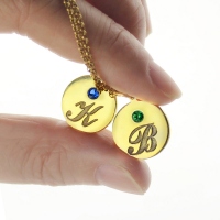 Engraved Initial & Birthstone Disc Charm Necklace 18k Gold Plated