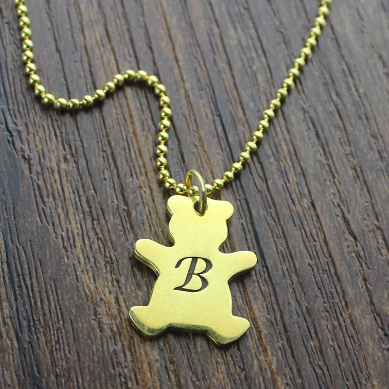 Cute Teddy Bear Initial Charm Necklace 18k Gold Plated
