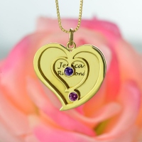 His & Her Birthstone Heart Name Necklace 18k Gold Plated