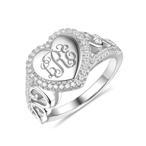 Sterling Silver Heart Ring  Engraved with CZ Monogram