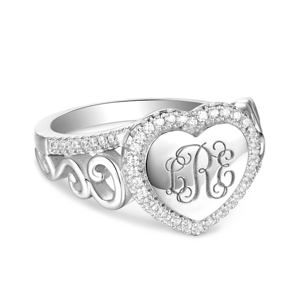 Heart Ring Engraved with CZ Monogram