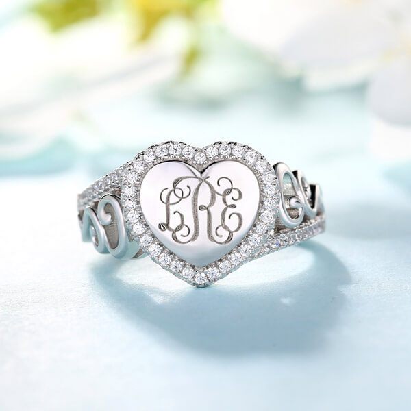 Engraved Heart Sterling Silver Monogram CZ Ring