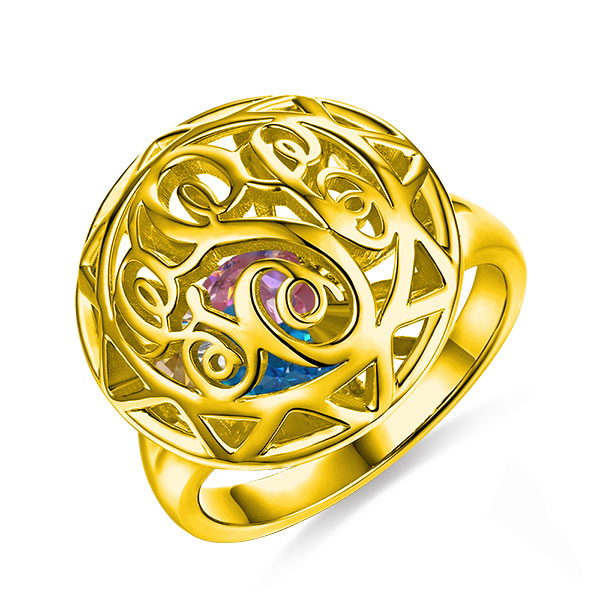 Monogram Cage Ring With Heart Birthstones In Gold