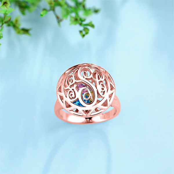 Monogram Cage Ring With Heart Birthstones In Rose Gold