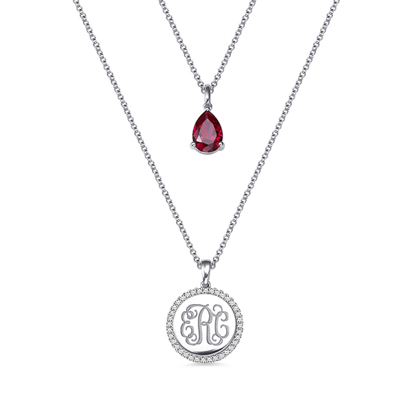 Custom 2 Layered Monogram Initial Necklace with Birthstone Silver