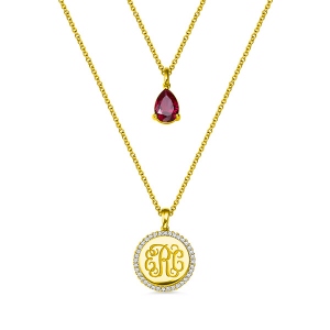 Glaring Custom 2 Layered Monogram Initial Necklace with Birthstone In Gold